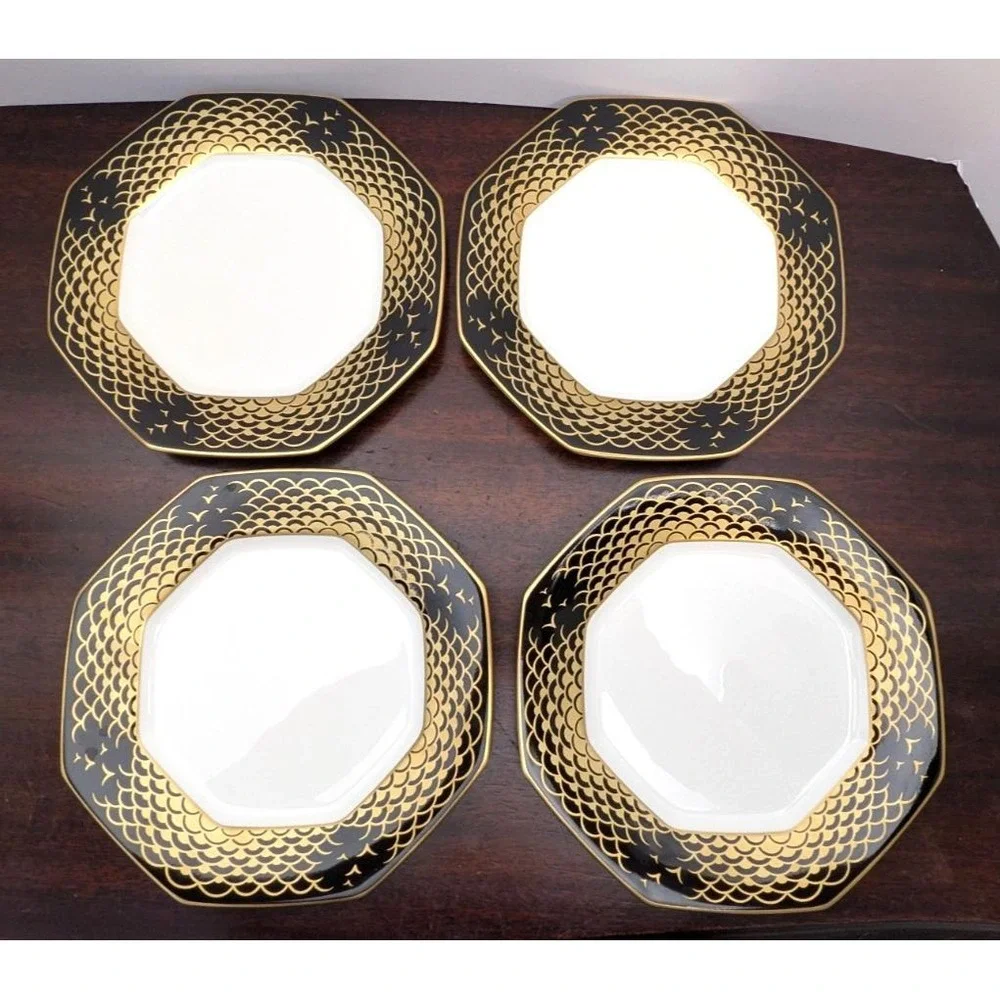 Mikasa Aegean Gold A7212 Bone China Luncheon Plates Set of 4 Black Gold Japan